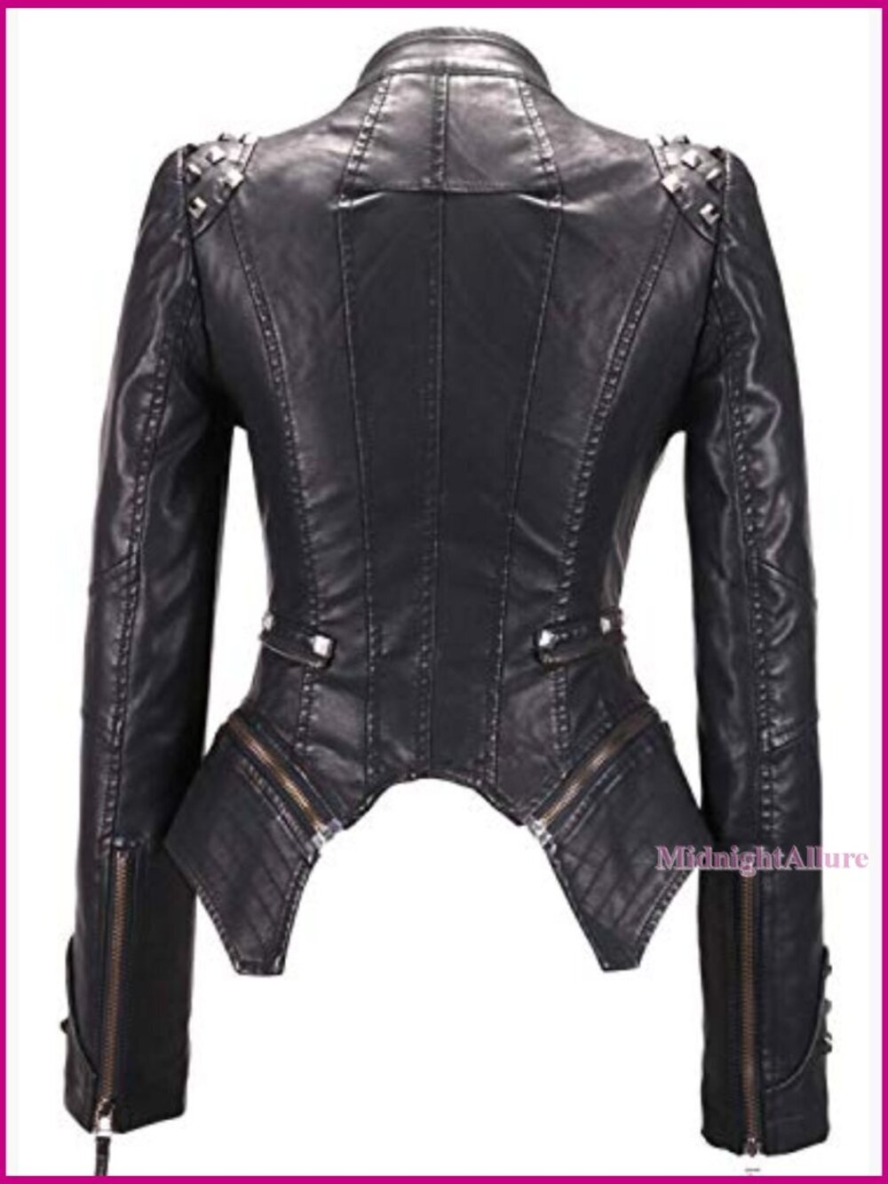 Faux Leather Moto Jacket with Studs, Detachable Hem, Fitted Waist - Picture 3 of 6
